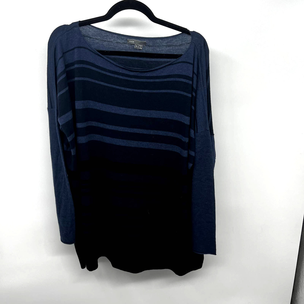 Vince Womens Sweater L Merino Wool Stripe Long Sleeve Boat Neck Navy Black